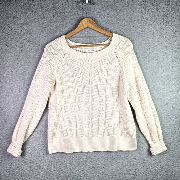 Old Navy Cable Knit Sweater Cream Medium Chunky Raglan Fall Classic Neutral - Picture 1 of 11